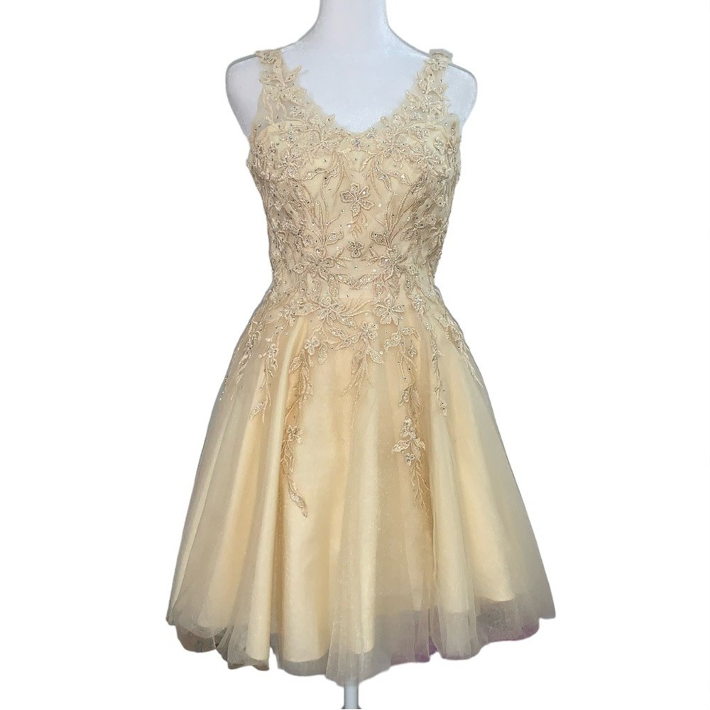 Dancing Queen Cocktail Dress Womens XS Champagne Lace Sequin Tulle Mini 3296